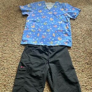 Women’s Black Scrub Pants and Blue Butterfly Scrub Top size Large